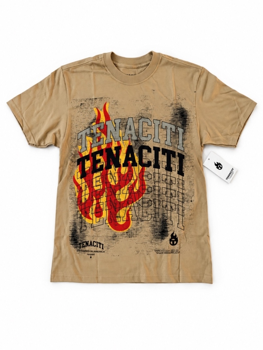 Tenacity Studios Flame Graphic Tee Tan Brown Size Small NWT Streetwear